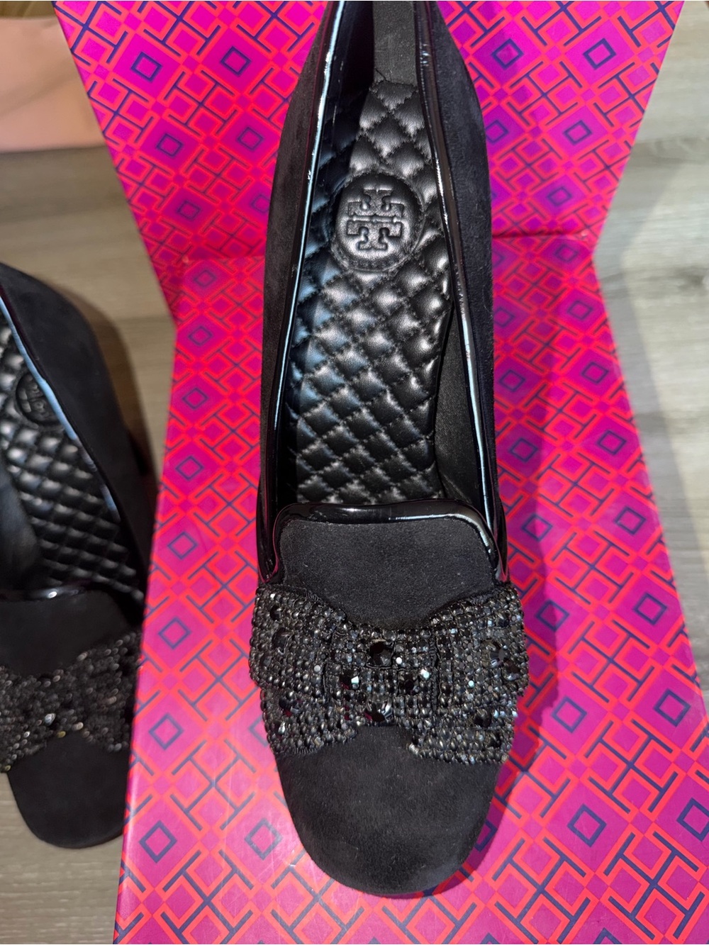 Tory Burch Black Beaded Bow Suede Heels